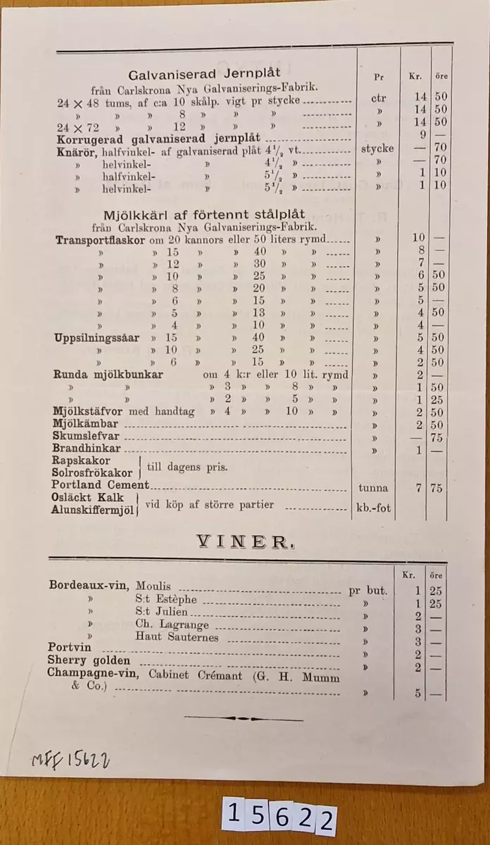 Priskurant å Artificiella Gödningsämnen från C.O Lychou, Lilla Nygatan 20, Stockholm. daterad hösten 1886.