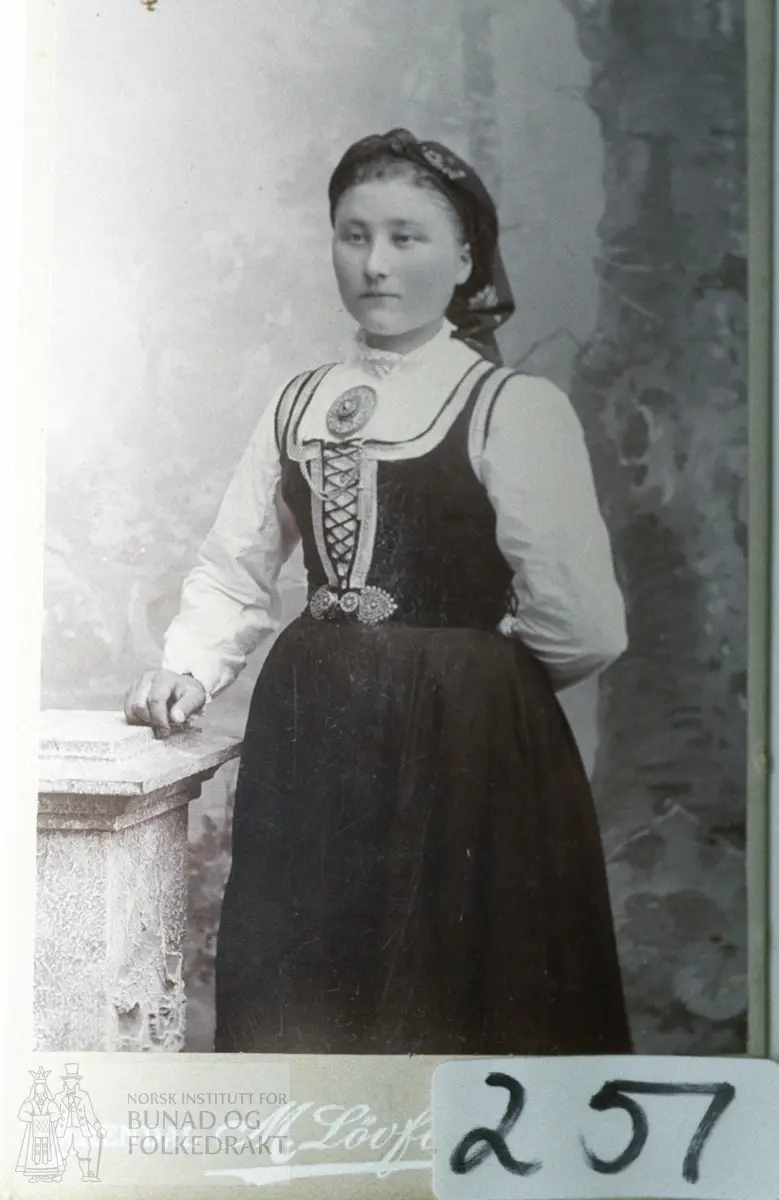 Bilde av Eldri Olsdtr. Oland i bunad med skaut (Sessjord), f. 1872 - d. 1909.