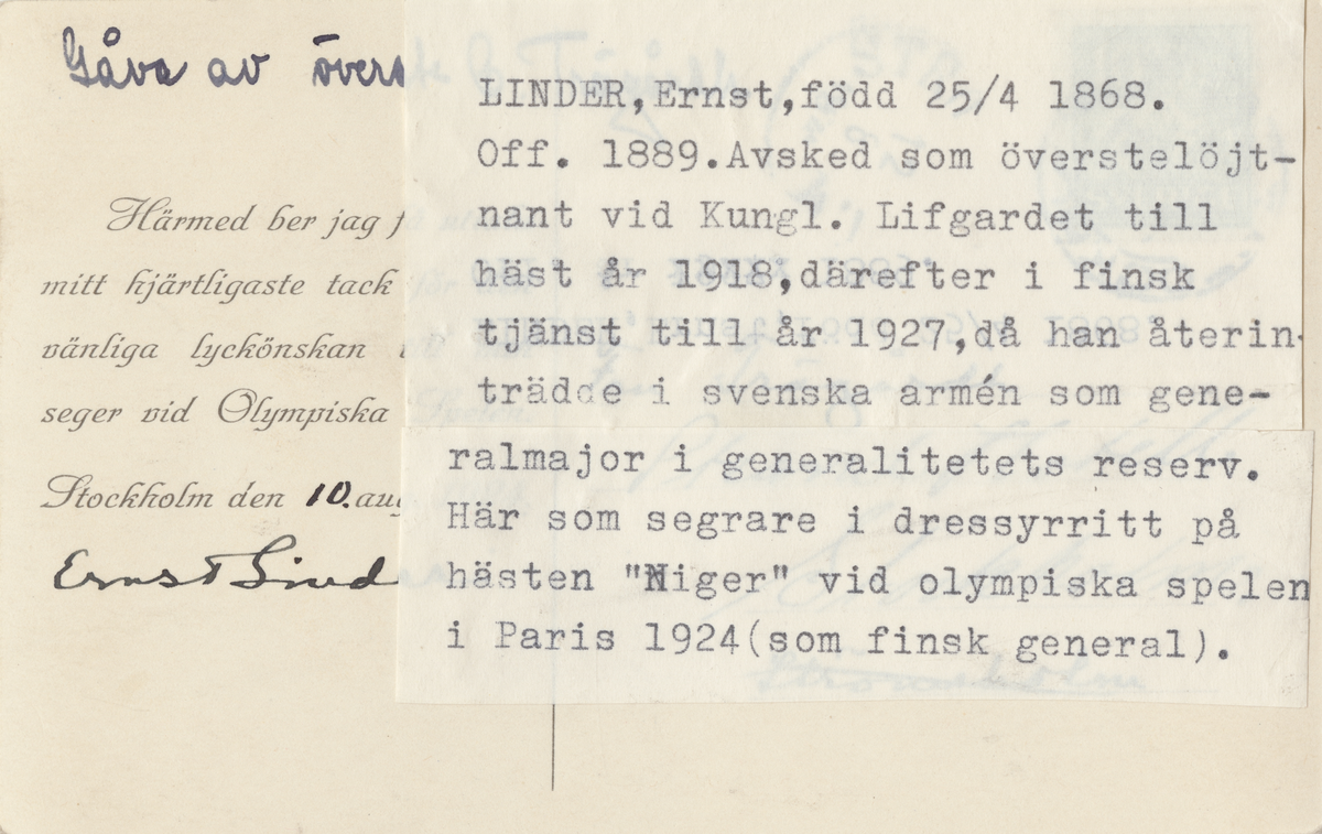 General Ernst Linder till häst under olympiska spelen i Paris 1924 ...