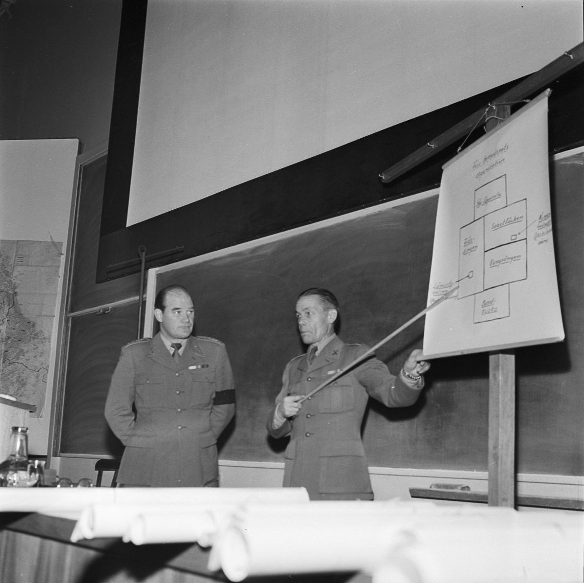 Civilförsvaret, kapten Pernler och överste Eklund i sal X på universitetet, Uppsala 1956