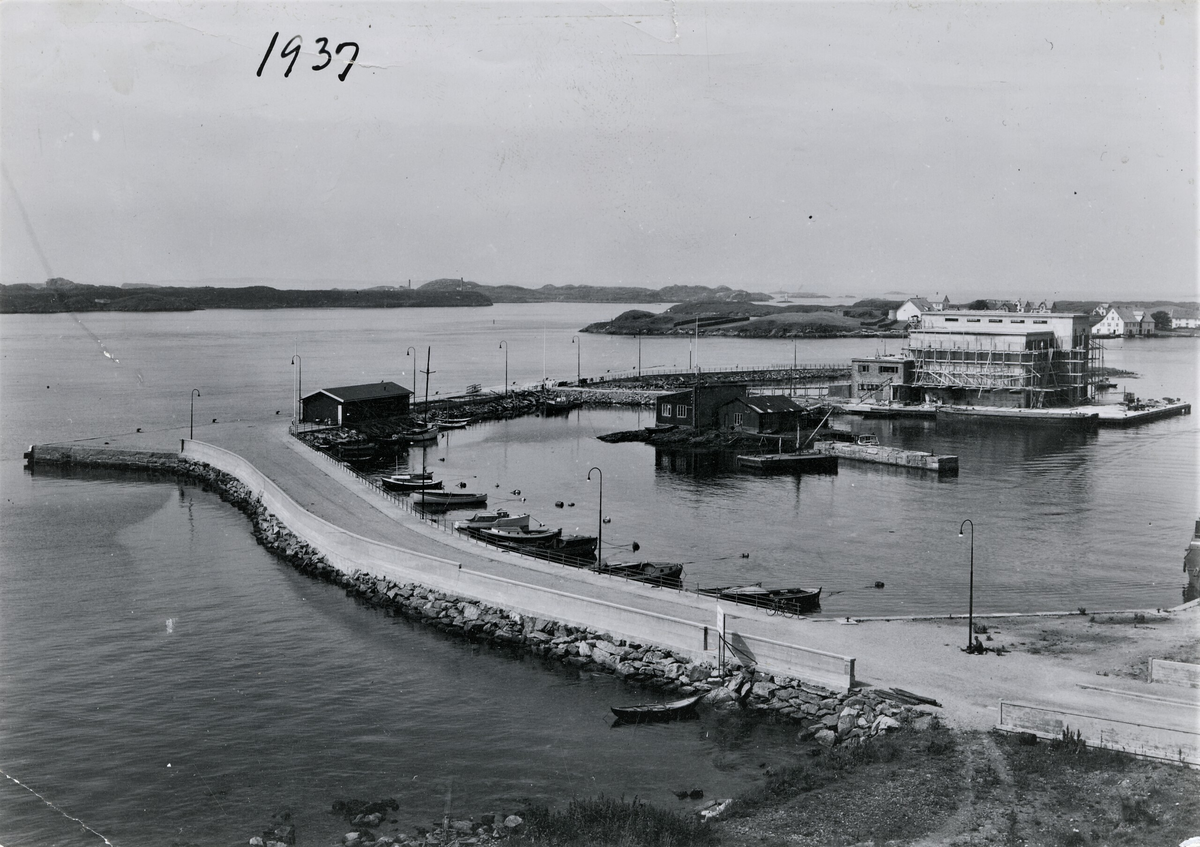 Fryseriet "Iglo" under bygging på Garpasjærskaien på Risøy. Småbåter ligger ankret opp innenfor moloen. I bakgrunnen er sjøhusene på Vibrandsøy