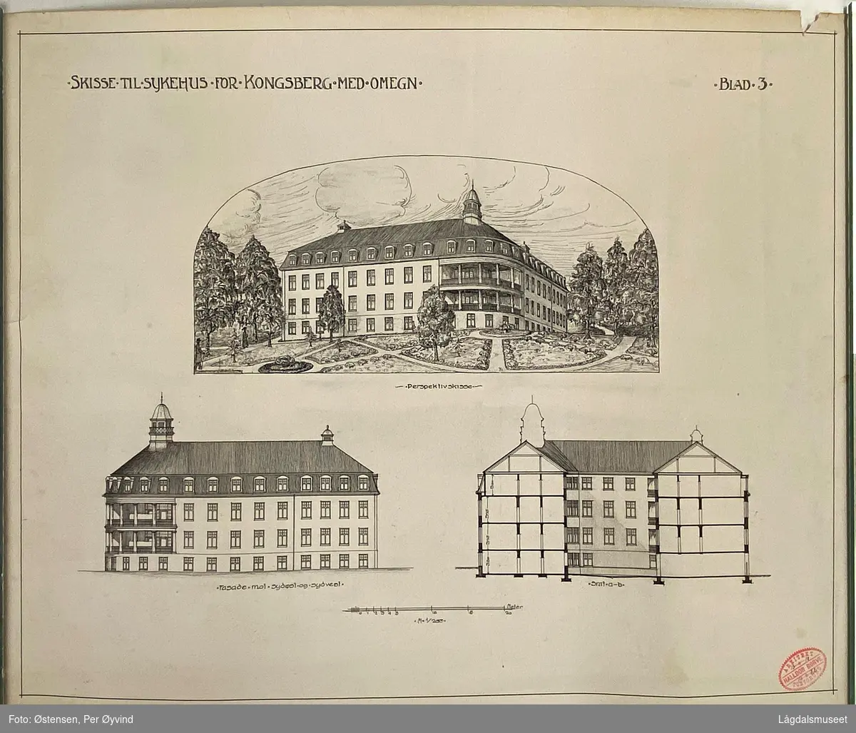 Skisse til sykehus for Kongsberg med omegn 1922. Perspektivskisse, fasadetegning og snittegning. Målestokk 1:200. Tegnet på papp/tykt papir.