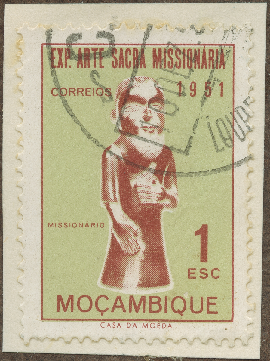 Frimärke ur Gösta Bodmans filatelistiska motivsamling, påbörjad 1950.
Frimärke från Mozambique, 1953. Motiv av Missionär symbol -Religiös konstutställning i Lisbon: 1951-