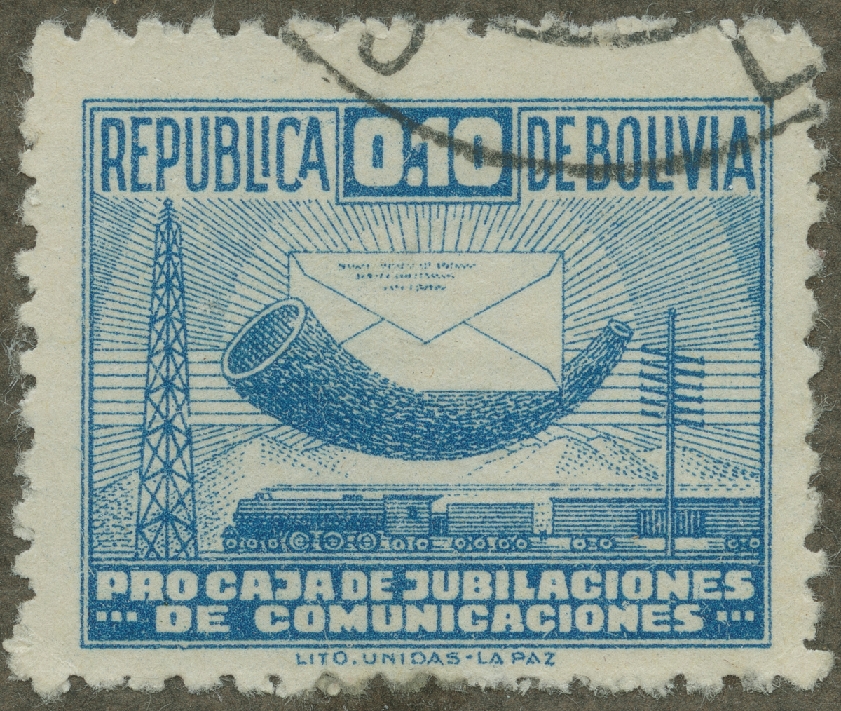 Frimärke ur Gösta Bodmans filatelistiska motivsamling, påbörjad 1950.
Frimärke från Bolivia, 1944. Motiv av Postala symboler Posthorn Brevkuvert m.m.