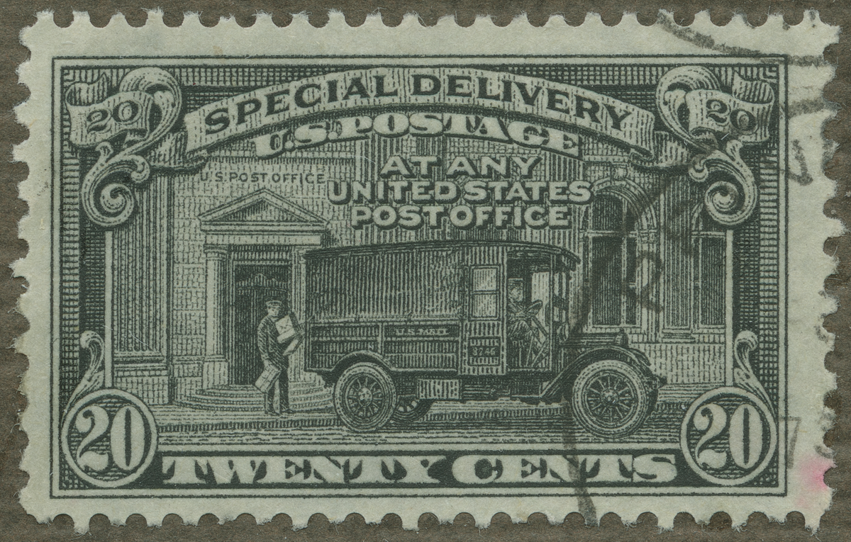 Frimärke ur Gösta Bodmans filatelistiska motivsamling, påbörjad 1950.
Frimärke från U.S.A., 1925. Motiv av  Nordamerikansk postbil "Special delivery": express paketpost utbärning.