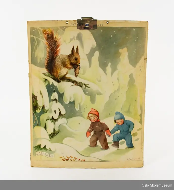Januar måned: Vinterlandskap med to barn som går i en snødekket skog. I en tre sitter et ekorn.