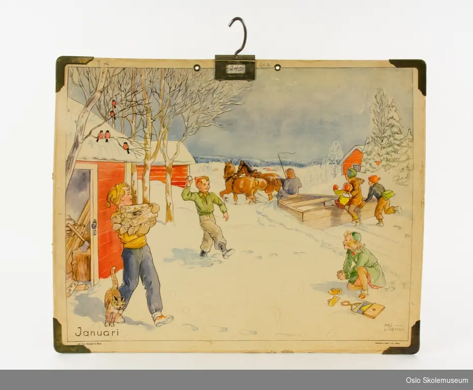Januar måned: Landlig landskap med barn som leker i snøen. I bakgrunnen er det en hesteslede.