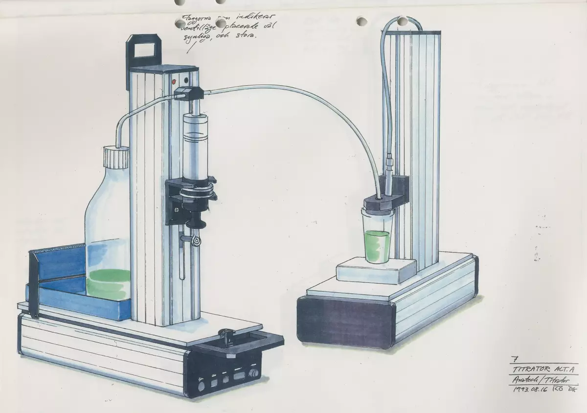 Skisser till utformningen av en titrator för laboratorier och kemisk industri, bestående av titrertorn, plattform och dispenserenhet.