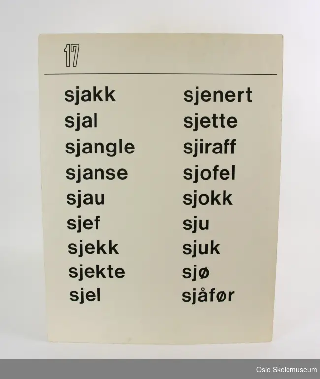 Plansje som hører til plansjeverket "Skriv rett" av Sigrun Vormeland som hører til "Steg for steg i norsk". På den ene siden er det trykket "16" og på andre siden "17". På begge sider er det trykt ord.