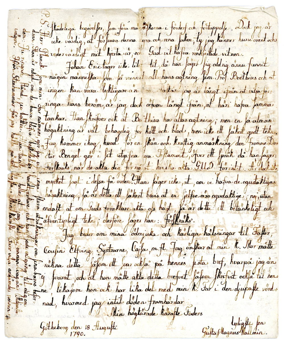 Brev utan kuvert. 1 sida. 

Från skribententen till sin far. Daterat Göteborg 18 augusti 1790.
