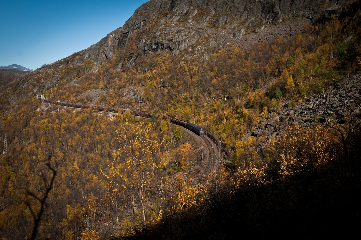 Malmtog på Ofotbanen fra Kiruna mot Narvik i Fagerlia. Rallarveien rett til høyre. Foto: Harald Harnang.