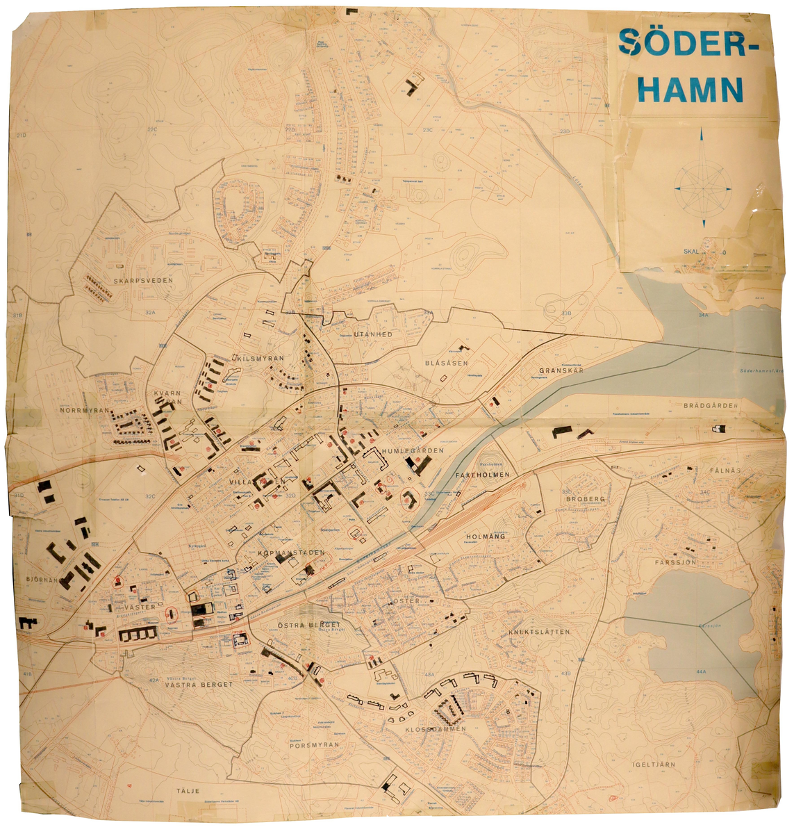 Karta över Söderhamn där byggnader och kvarter ritade av Heino Krabu markerats.