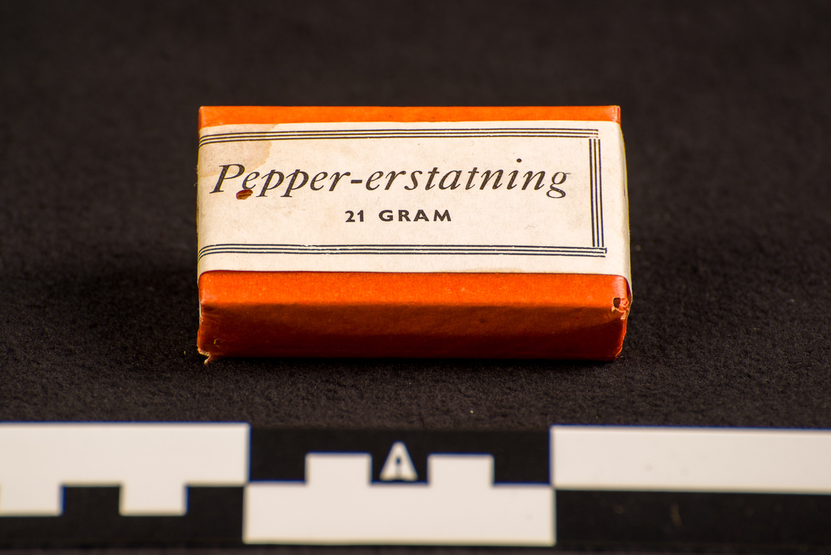 En uåpnet pakke med 21 gram pepper-erstatning fra Arendals Speseri mølle.