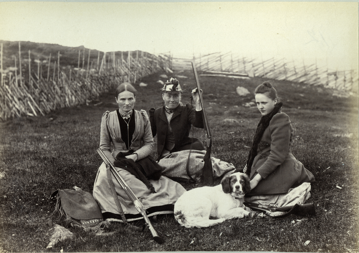Damer
Tre fine damer i nydelige kjole sitter på bakken. De har med seg to gevær, ei veske og en hund.
