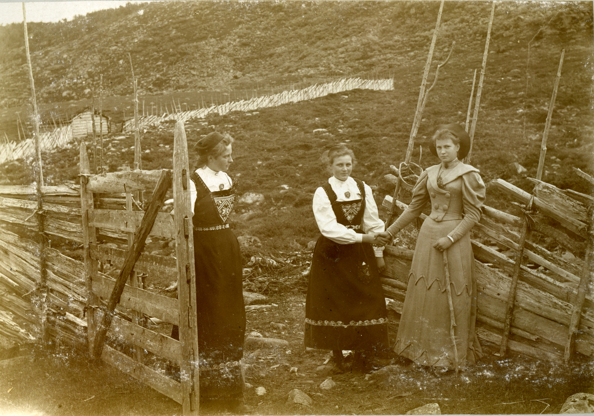 Fra vollen på Bruset
3 jenter ved grinda i skigarden på Bruset.  2 av jentene har en slags vestlandsbunad og ei en fin fotsid kjole samt en stav i handa.
