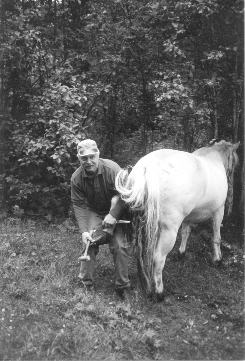 Hovslager Arne Horge skor hesten. Rukkedalen 1997. Arne Horge i gang med å sko Klypeblakken. Arnes interesse for hest tok til da han var tjenestegutt på forskjellige gårder i Rukkedalen. Samtidig ble han så fasinert av Hans Velund sine hester som kom innom Myking på de første organiserte rideturer fra 50 tallet og utover. I det militære søkte Arne seg til kløvkompaniet på Starum, han kom inn og begynte her med hesteskoing. Dette fortsatte han også med resten av tjenesten i Nordnorge. Som lærerstudent i Oslo skodde han på fritiden. Da han flyttet tilbake til Rukkedalen var det naturlig å ha hesteskoing og klauvskjæring som tilleggsinntekt til gårdsdrifta.
