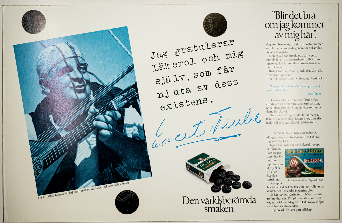 Reklamaffisch, papp, bild av Evert Taube, med citat från Evert för Läkerol och hans underskrift.