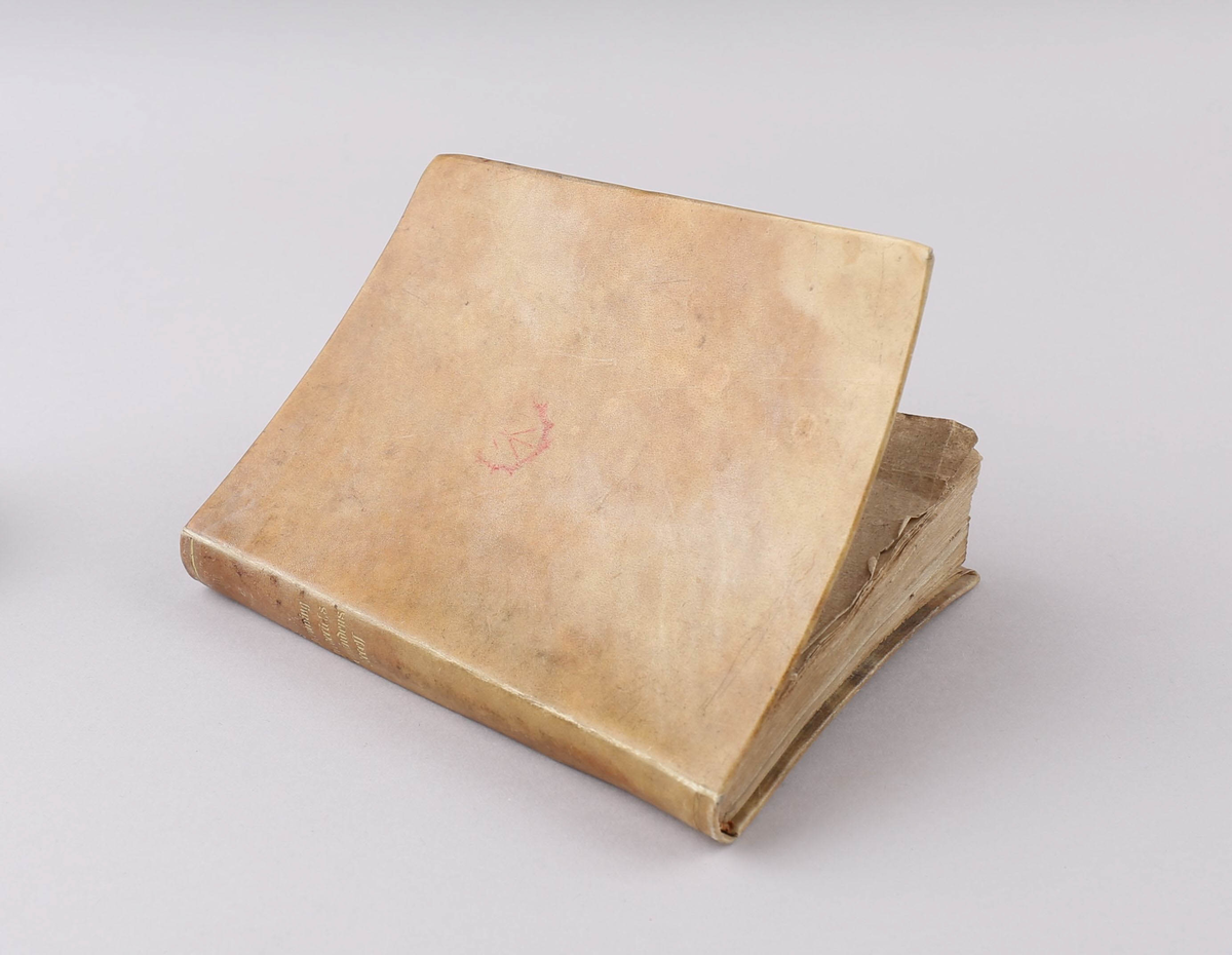 Innbundet bok, skinn og papir i rektangulær form.
