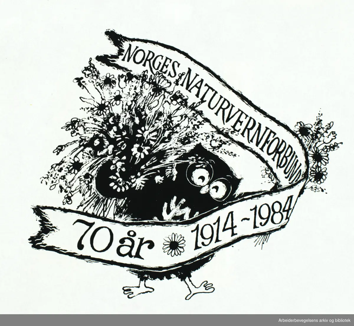 Norges naturnvernforbund 70 år, 1914-1984. Tegnet av Vivian Zahl Olsen.