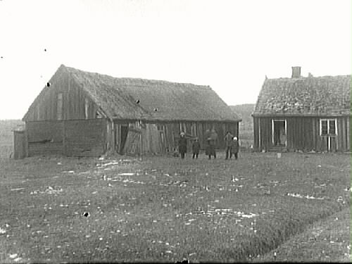 Torp i dåligt skick under Lindhovs kungsgård som ligger i Lindbergs socken norr om Varberg. Familjen står på gården med bostadshuset till höger och ladugården till vänster.