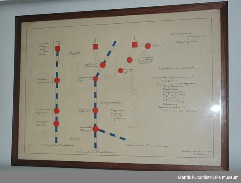 a) Tavla, ritning. Mobiliseringsplan för järnvägstransporter 1914. Ritning med tusch, färglagd med rött och blått. Glasad. Dagermått: bredd: 75 cm, höjd: 53 cm. b) Ram av mahogny. Bredd: 2,5 cm.