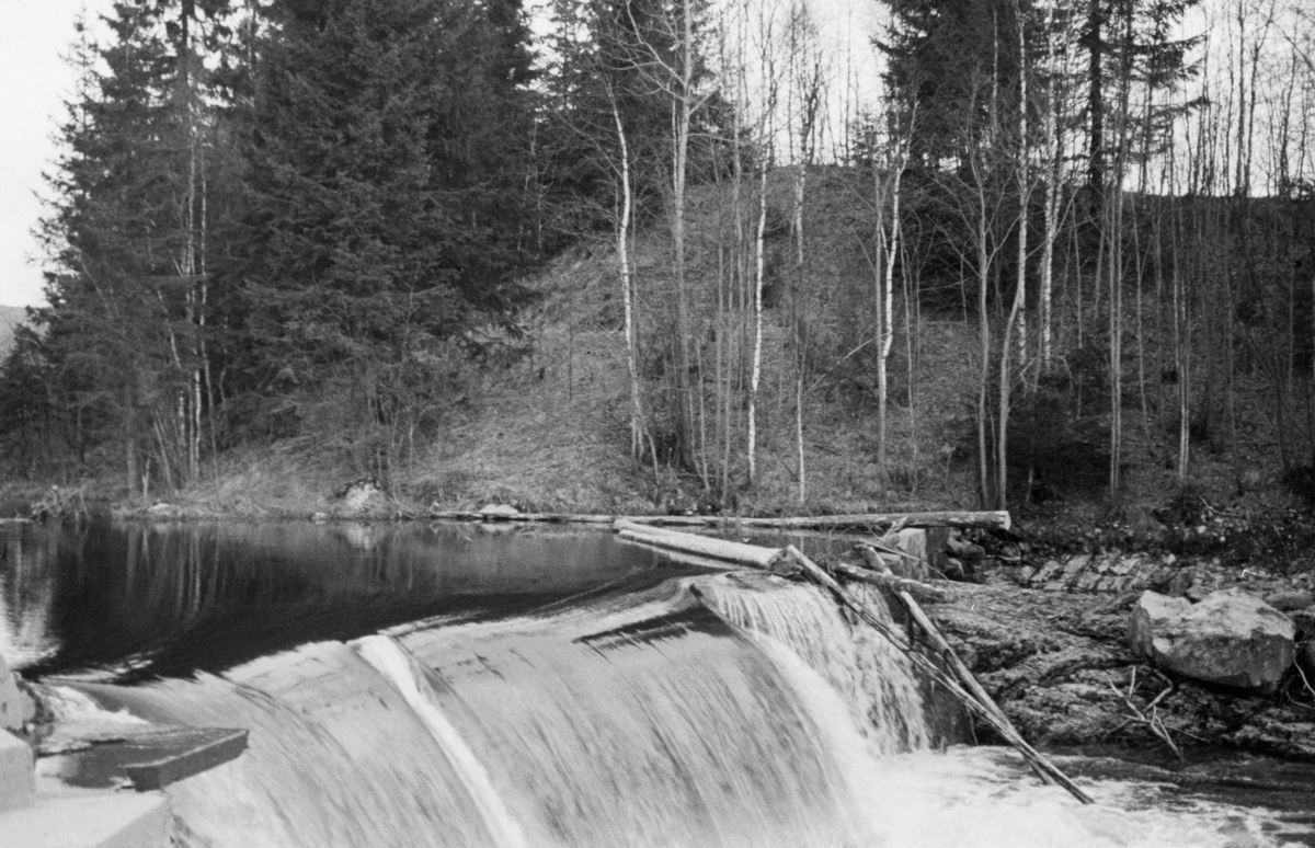 Ånebydammen i Nitelva i Nittedal kommune på Nedre Romerike, slik dammen så ut våren 1935. Bildet er tatt i motstrøms retning. Dette ser ut til å ha vært en terskeldam, altså en konstruksjon som skulle heve vannspeilet i den umiddelbart ovenforliggende delen av vassdraget. Her et det ett løp med et fall som kan se ut til å ha vært anslagsvis en meter høyt. På begge sider av damløpet var det støpte murer. I 1935 ble det innmeldt 34 304 tømmerstokker til fløting i Nitelva.