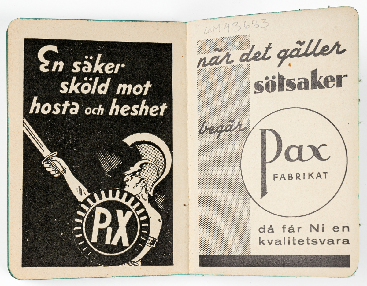 Almanacka, från 1935. Grön med guldtryck på pärmen "1935 PIX AKTIEBOLAG GEFLE".
