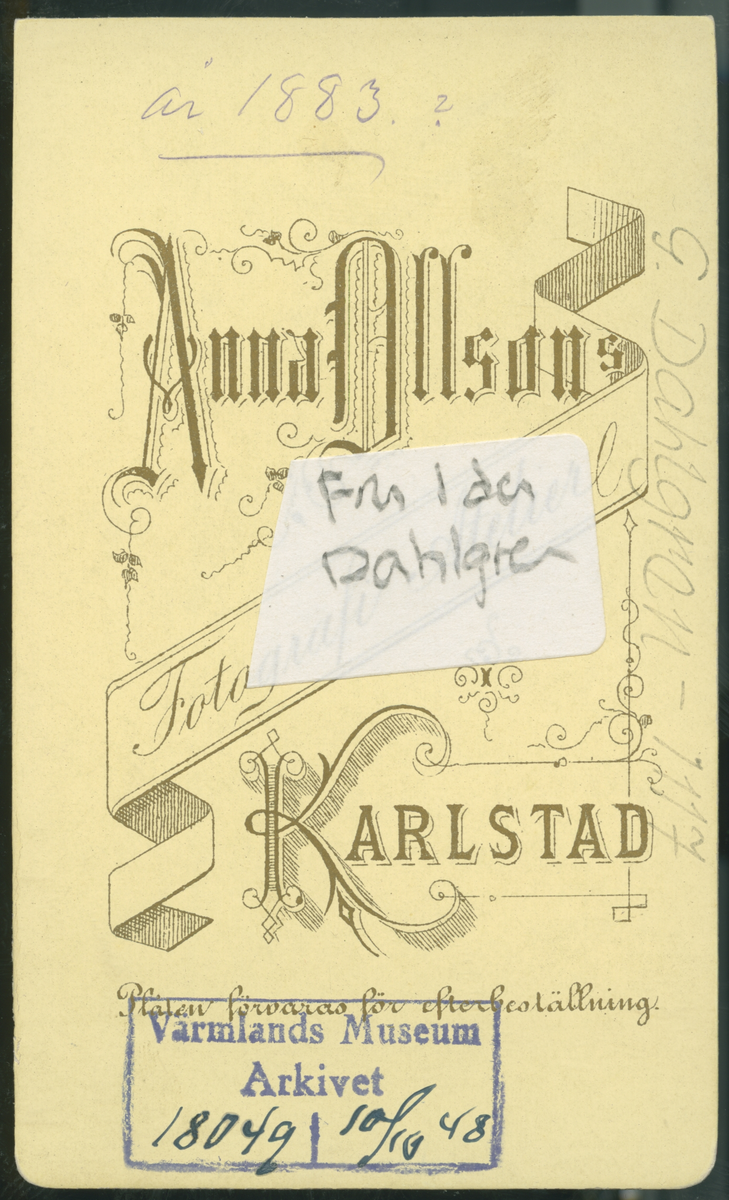 På kuvertet står följande information sammanställd vid museets första genomgång av materialet: Fru Ida Dahlgren