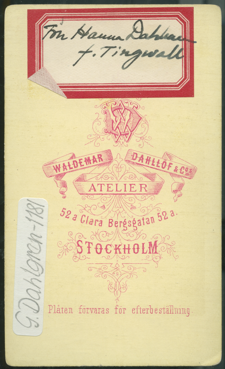 På kuvertet står följande information sammanställd vid museets första genomgång av materialet: Fru Hanna Dahlman f. Tingvall