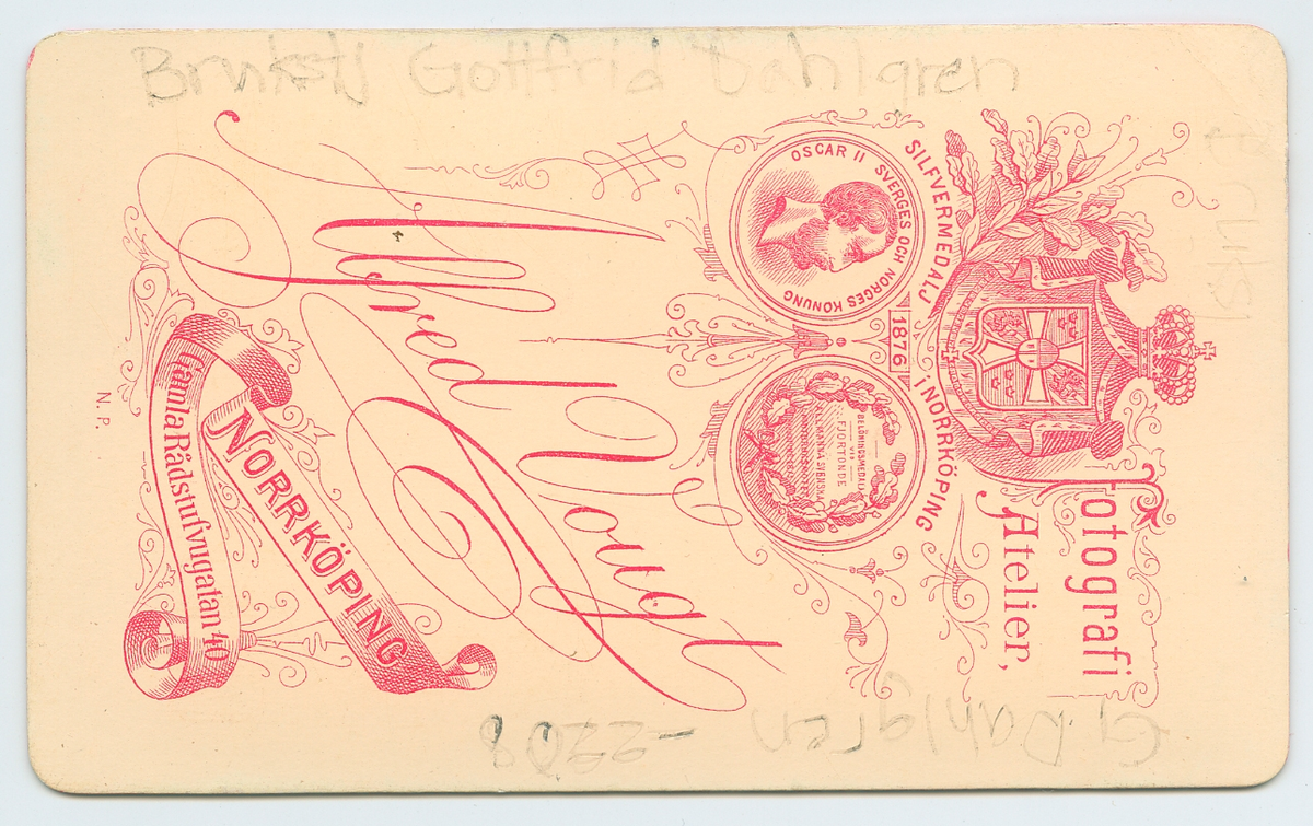 På kuvertet står följande information sammanställd vid museets första genomgång av materialet: Brukst. Gottfrid Dahlgren