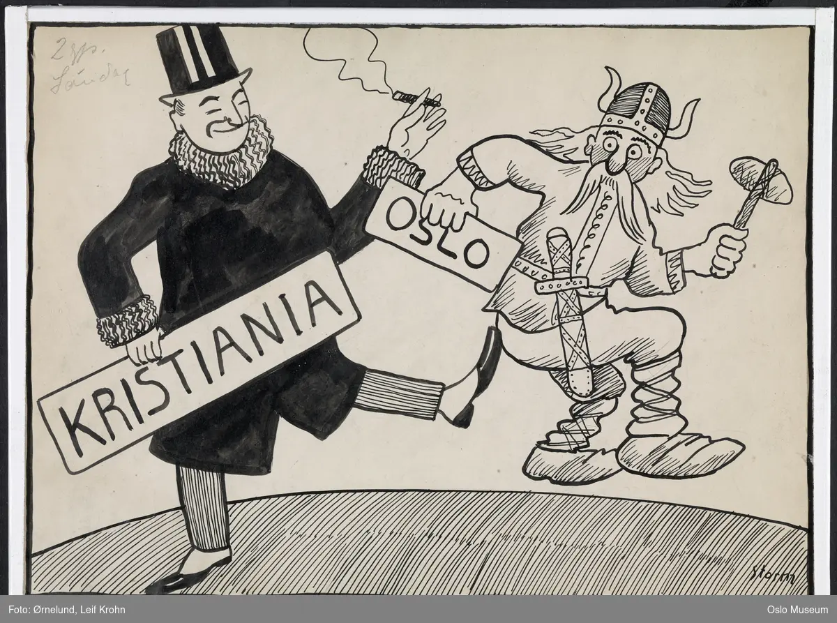 Kristiania og Oslo. Karikatur ved navnebyttet