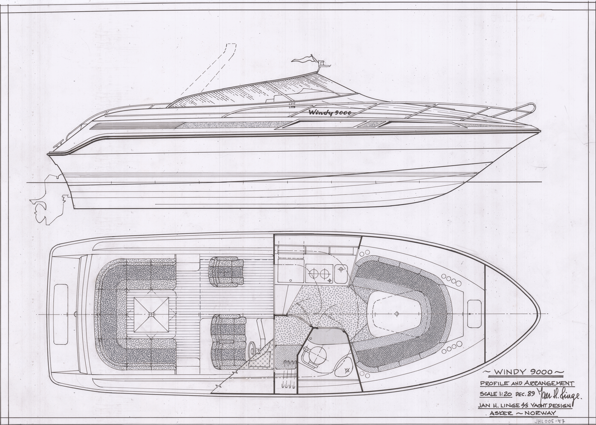 Windy 9000. Cabin cruiser. Profil and arrangement. Inboard/outboard twin V8, Volvo Penta 2 x VP211. 1:20