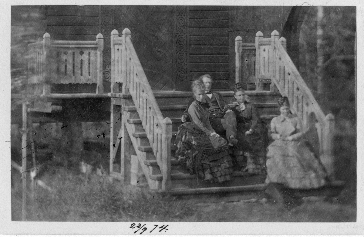 Foto av familie som sitter på trapp på Dal gård i 1874. Antagelig Faye/Dahll familien