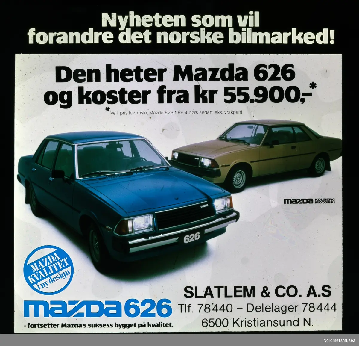 Kinoreklame for Mazda 626 fra Slatlem & Co. A.S. Kinoreklame fra Kristiansund, hovedsaklig fra perioden 1950 til 1980.