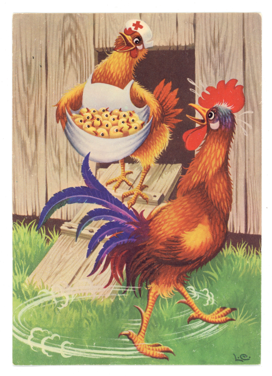 Påskvykort med motiv av kycklingar, höna och tupp. Hönan är klädd i sköterskekläder och håller sitt förkläde som en påse full med kycklingar. Tuppen ser något chockad ut. Bilden är målad av någon med initialerna "L.e".