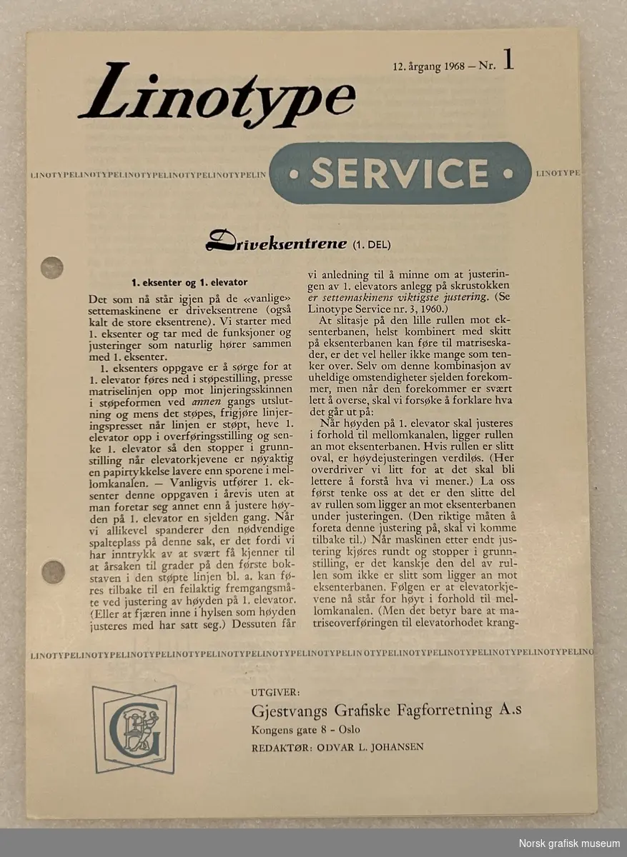 Heftet Linotype-service Nr. 1 fra 1968.