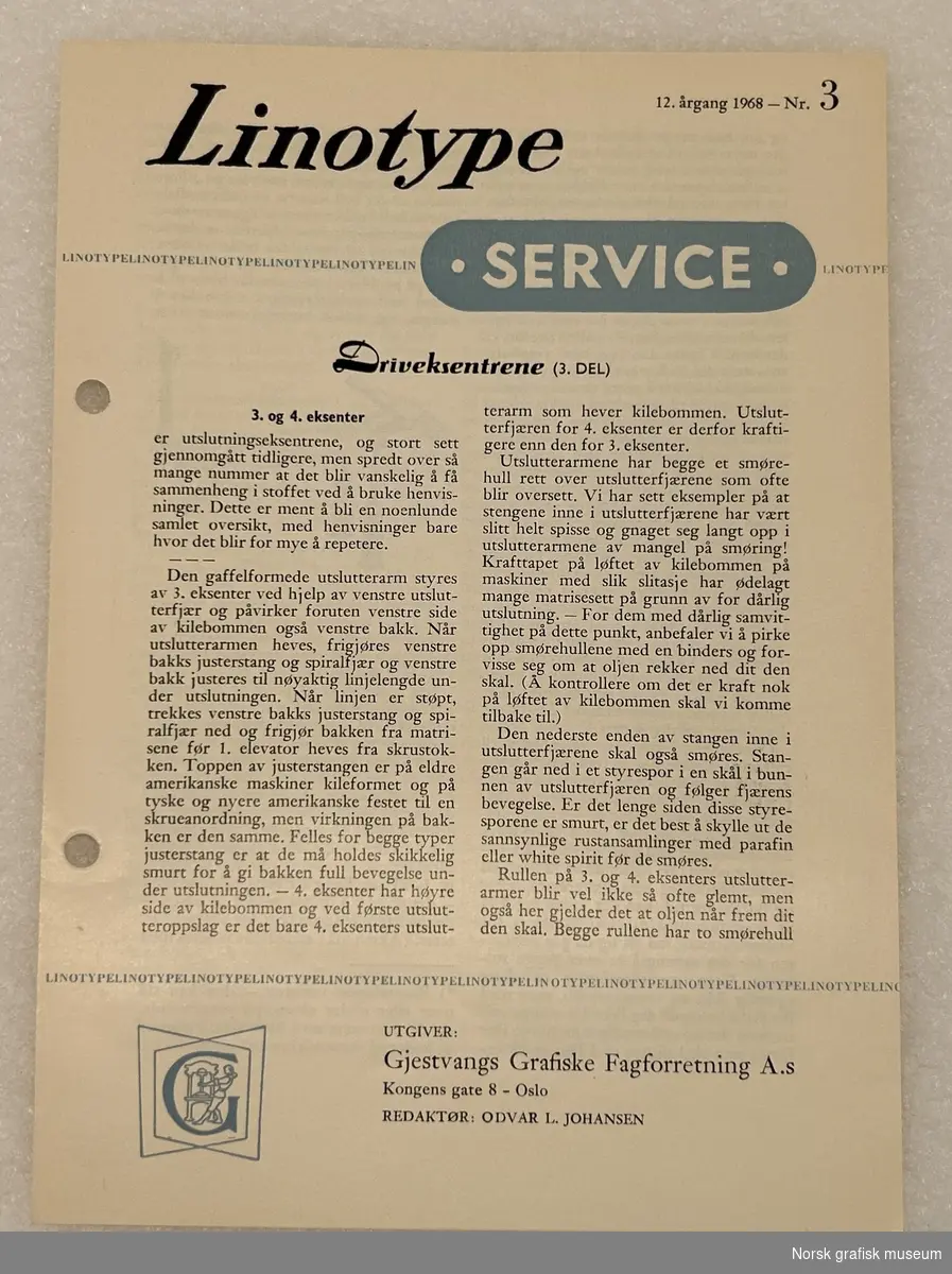 Heftet Linotype-service 12. årgang, 1968, nr. 3.