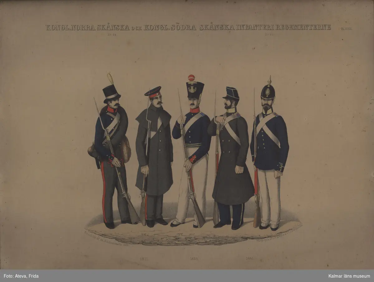 Motiv med uniformer på Kongliga norra skånska och Kongliga södra skånska infanteri regementerne, från åren, 1811, 1838 och 1845.