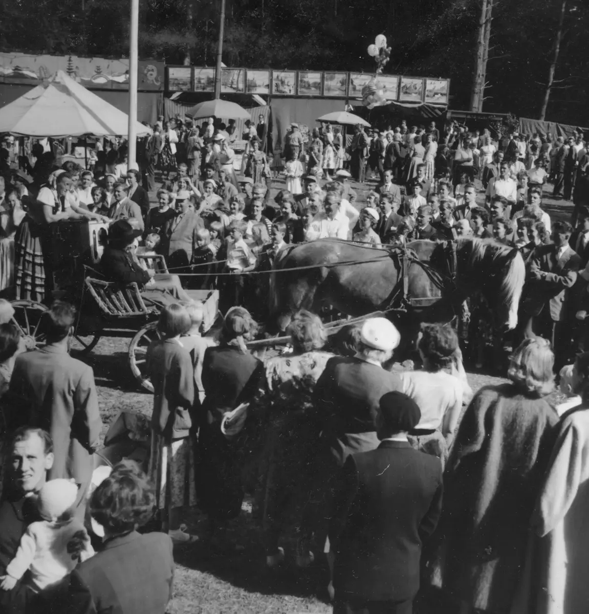 Turinge marknad 1956. Kortegen med vagnar och personer som var uppklädda i genuina kläder från 1890 talet har nått marknadsplatsen och kör ett uppvisningsvarv bland marknadsbesökarna. Marknaden var ett mycket uppskattat evenemang och hade 5000 besökare under de tre dagarna