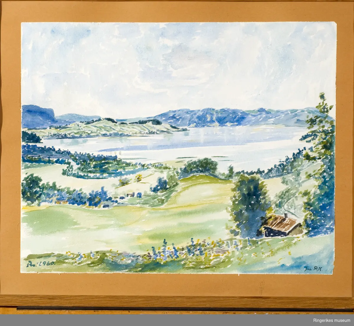 Akvarell, landskapsbilde utover Tyrifjorden sett fra Ask