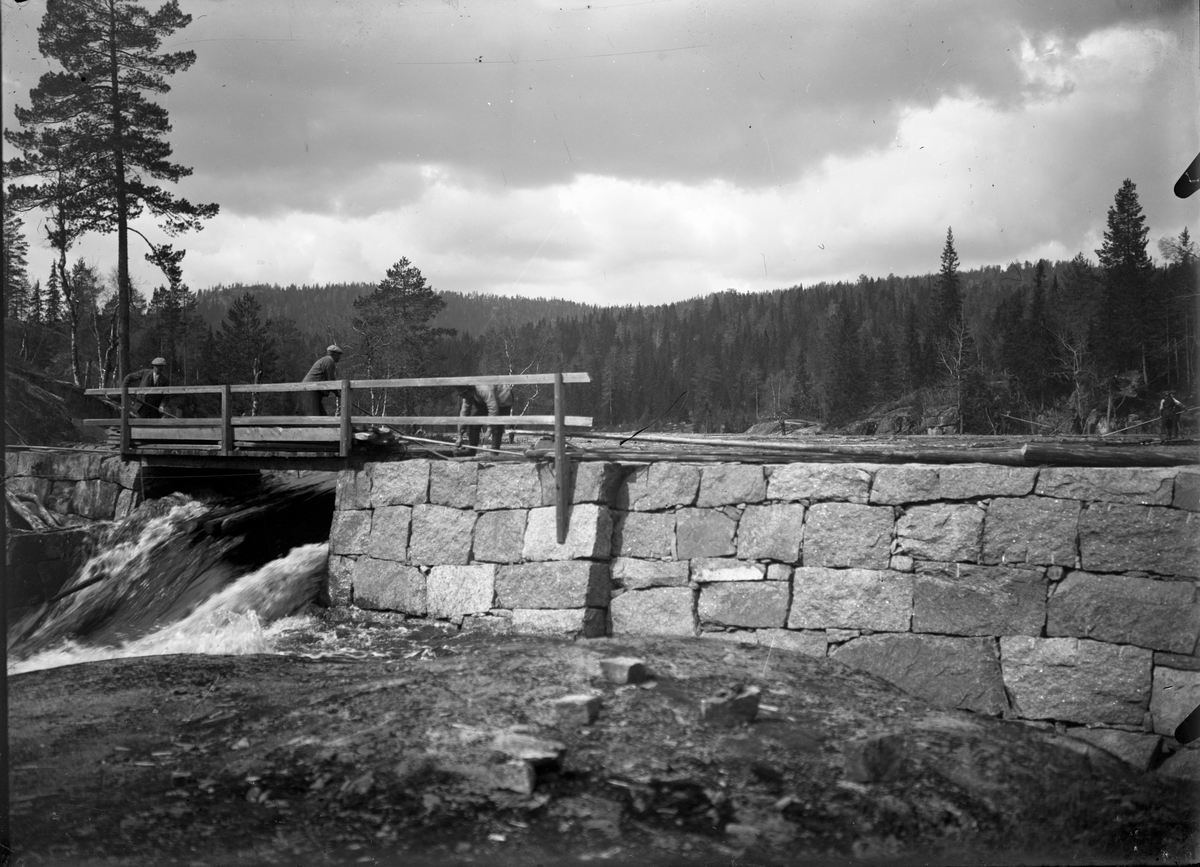 Motiv fra fløtning ved Smalvannsdammen omkring 1920.

Damarbeiderne er i gang med å trekke nåler i dammen

Fotosamling etter fotograf og skogsarbeider Ole Romsdalen (f. 23.02.1893).