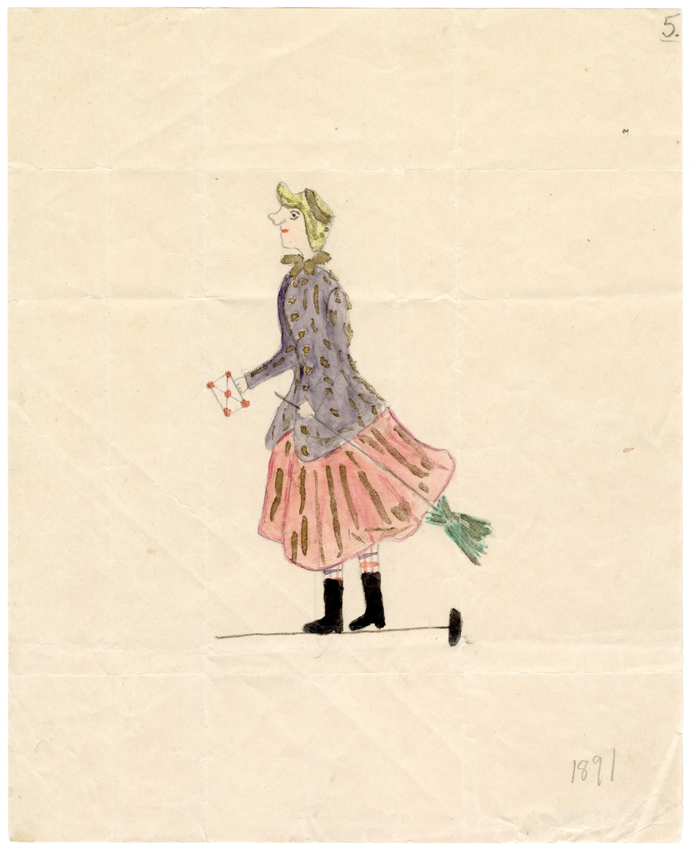 En kvinna i rosa långkjol och lila jacka står på en spisraka och har en kvast i ena handen och ett kuvert i andra. Hon bär gul huvudbonad, rutiga strumpor och svarta kängor.