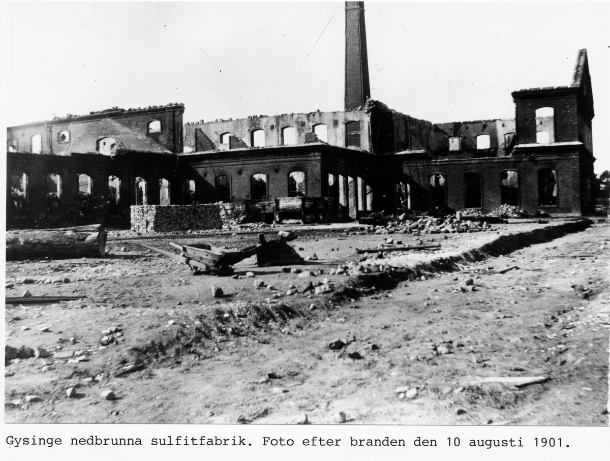 Gysinge nedbrunna sulfitfabrik. Foto efter branden den 10 augusti 1901.