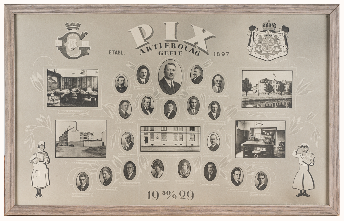 Ramad minnestavla med fotografier på PIX-fabriken och personer knutna till fabriken. Text på tavlan: "PIX AKTIEBOLAG GEFLE etabl. 1897" och daterad 30/9 1929.
