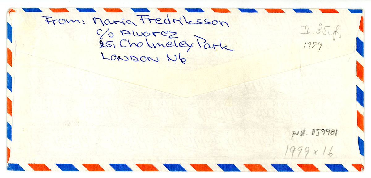 Brev skrivet av Maria i London till sin mormor i Landskona. Maria arbetar som Au-Pair. Hon berättar om vad hon gör på sin fritid. 

 Ett kuvert, 2 ark.

Air Mail / Flygpostkuvert.