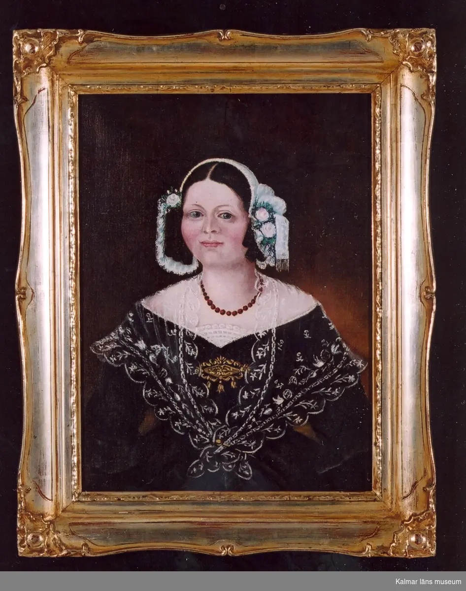 Porträtt av Christina Pettersson (1805-1888), dotter till färgaren Axel Pettersson, Mönsterås, gift med bagaråldermannen i Kalmar Anders Jacob Areskog.