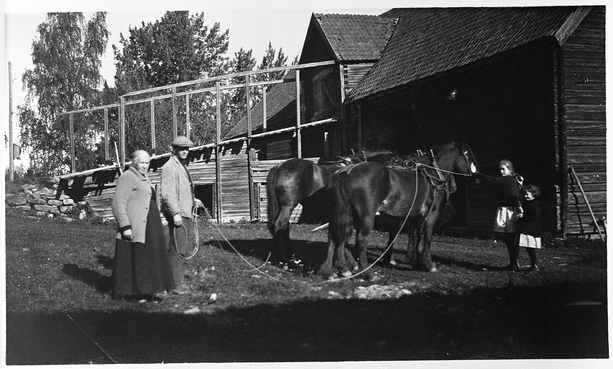 Fire personer, hvorav to barn, avbildet foran låven på Blielie på Eina ca. 1920. Personene er Hans Blilie og Oleane Blilie (f.Bjugstad), samt to yngre som er på besøk.