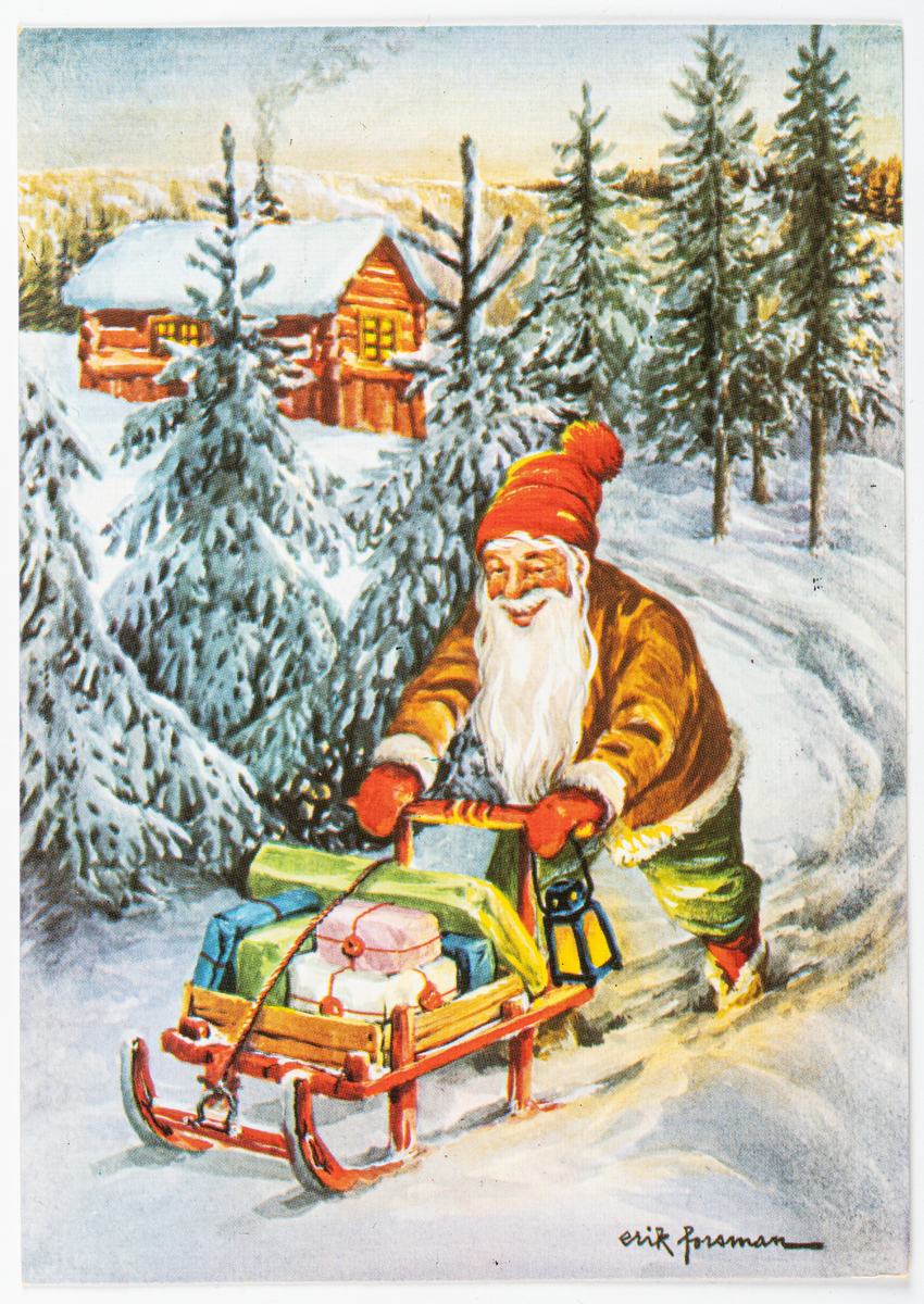 Kort med julmotiv, tomte med kälke och julklappar. På baksidan julhälsning. Efter original av Erik Forsman.