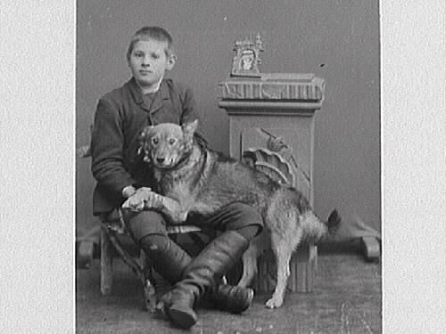 Pojkporträtt. Troligen fotografens yngste bror Erik Ranch med hund i knät. Omkring mitten av 1880-talet.
