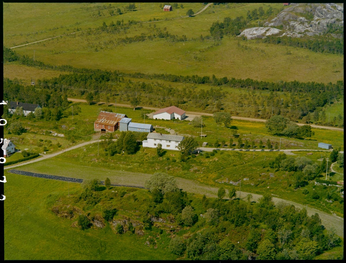Leirfjord,Leland. Flyfoto av gården Øverhåjen. Øverst til venstre i bildet sees Grubbveien.